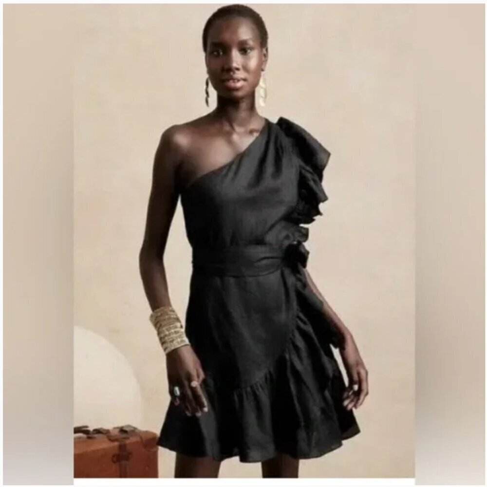 Banana Republic Womens Black Linen Ruffle One Shoulder Dress |18|